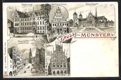 Lithographie Münster i. W., Rathaus, Regierung, Stadtweinhaus, Dom-Kirche, Prinzipal-Markt mit Lambertikirche