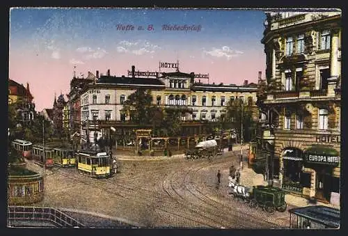 AK Halle a. S., Riebeckplatz mit Hotel Goldene Kugel und Strassenbahn