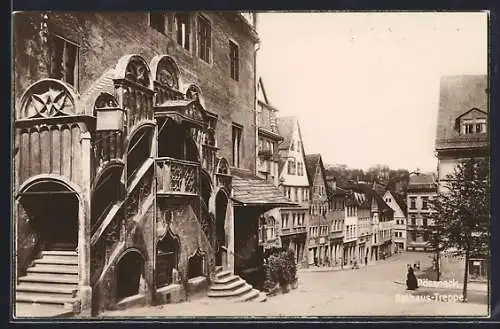 AK Pössneck, Rathaus-Treppe, Strassenpartie Krautgasse