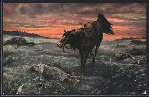 Künstler-AK Wach auf!, Pferd und gefallener Reiter