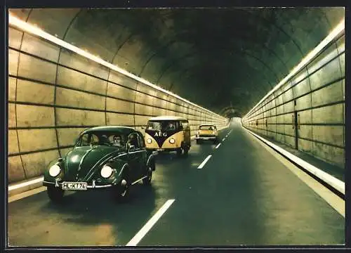AK Rendsburg, Auto VW Käfer & VW Bulli T1, Volkswagen im Strassentunnel unter dem Nord-Ostsee-Kanal