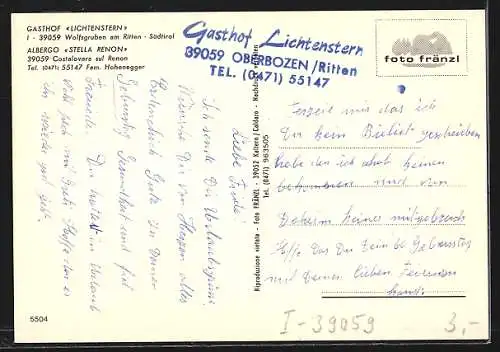 AK Wolfsgruben am Ritten, Gasthof Lichtenstern, Kapelle, Ausblick von der Terrasse