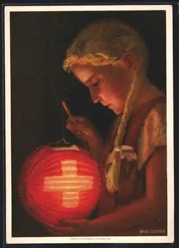 Künstler-AK Schweizer Bundesfeier 1936, Mädchen mit Laterne