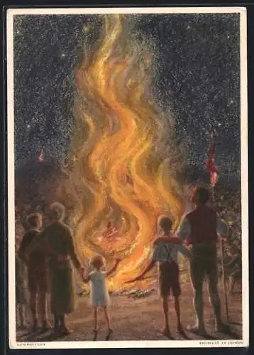 Künstler-AK Schweizer Bundesfeier 1934, Für die hauswirtschaftliche Erziehung, Familie vor Feuer