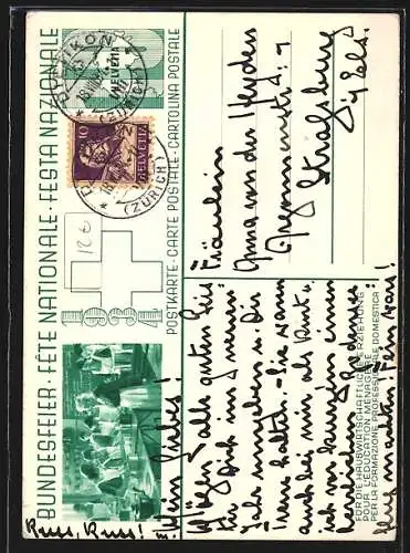 Künstler-AK Schweizer Bundesfeier 1934, Für die hauswirtschaftliche Erziehung, Familie vor Feuer