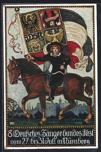 Künstler-AK Nürnberg, 8. Deutsches Sängerbundesfest 1912, Reiter mit Flagge vor der Stadt