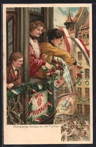 AK Nürnberg, X. Deutsches Turnfest 1903, Frauen am Fenster mit Blumenschmuck