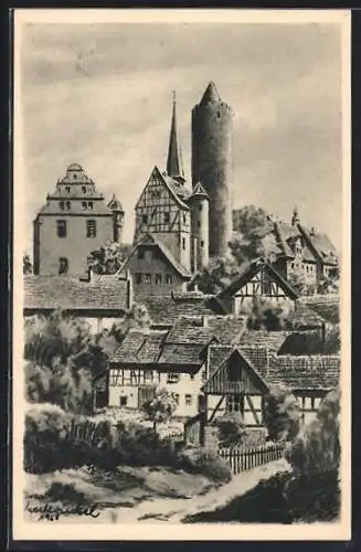 Künstler-AK K. Winkel: Schlitz / Hessen, Teilansicht des Ortes