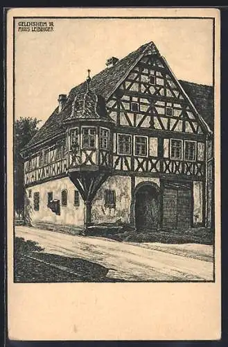 Künstler-AK Gelchsheim, Alois Leibinger, Strassenpartie mit Rathaus