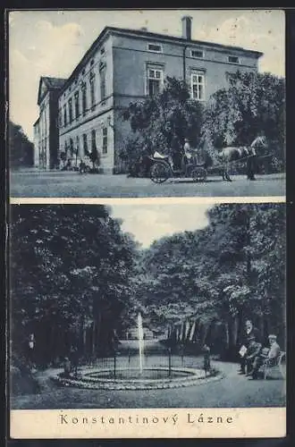 AK Konstantinovy Lazne, Leute am Brunnen im Park, Kutsche vor dem Schloss