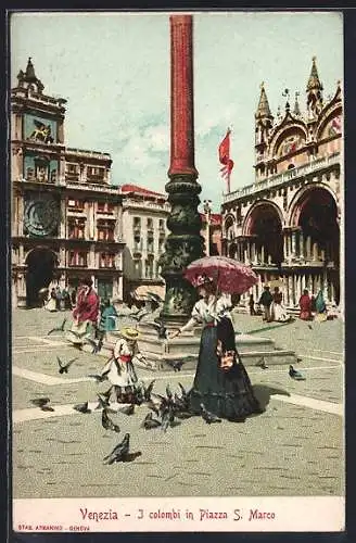 Lithographie Venezia, J colombi in Piazza S. Marco, Frau und Kind füttern Tauben