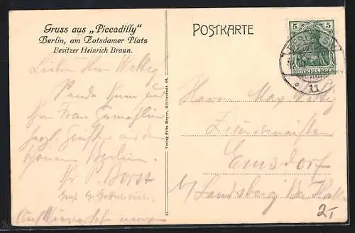 AK Berlin, Restaurant Picadilly, Potsdamer Platz, Inh. Heinrich Braun