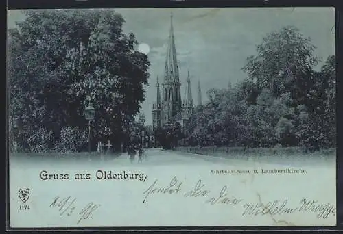 Mondschein-AK Oldenburg / O., Gartenstrasse und Lambertikirche
