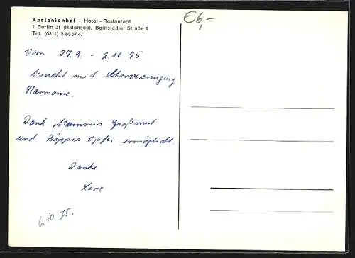 AK Berlin-Halensee, Hotel und Restaurant Kastanienhof, Innen- und Aussenaufnahmen, Bornstedter Strasse 1