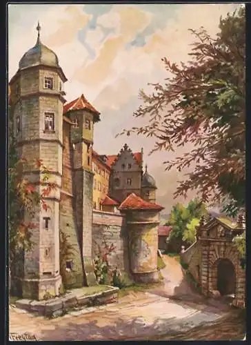 Künstler-AK Kronach / Frankenwald, Burg von Süden mit Observationsturm