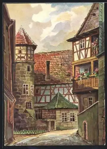 Künstler-AK Kronach / Frankenwald, Fachwerkhäuser am Scharfen Eck