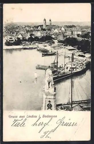 AK Lindau / Bodensee, Hafen mit Dampfer