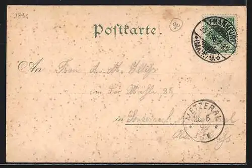 Lithographie Frankfurt a / M., Hotel Schwan, Kaiser Wilhelm I. Denkmal, Teilansicht mit Brücke