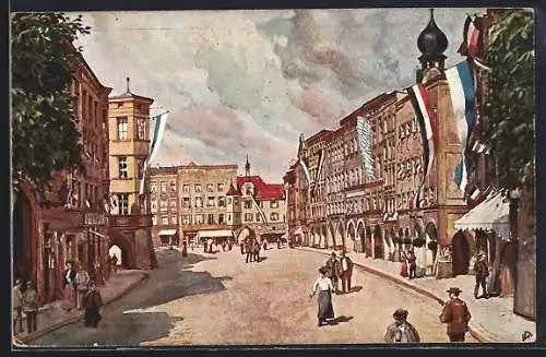 Künstler-AK Rosenheim / Bayern, Max Josefs-Platz mit Fahnen