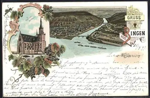 Lithographie Bingen / Rhein, Gesamtansicht aus der Vogelschau, Rochuskapelle