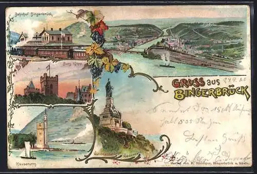 Lithographie Bingerbrück, Burg Klopp, Bahnhof, Mäuseturm, Nationaldenkmal Niederwald, Panorama