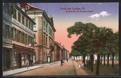 AK Landau / Pfalz, Marktstrasse mit Kommandantur, Radfahrer