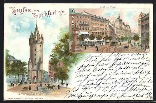Lithographie Frankfurt /Main, Eschenheimer Turm, Zeil mit Post & Pferdebahn