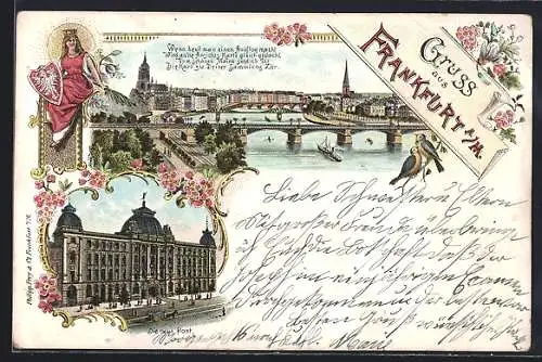 Lithographie Frankfurt /Main, Die neue Post und Mainbrücken