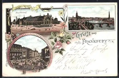 Lithographie Frankfurt a. M., Hauptbahnhof, Pferdebahnen an der Zeil, Panoramablick