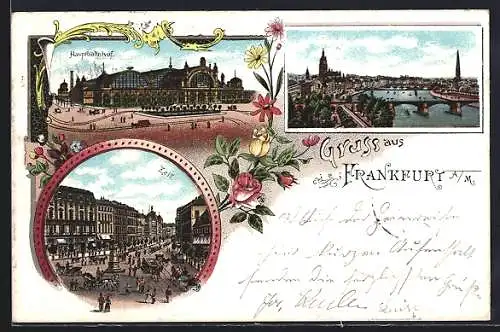 Lithographie Frankfurt a. M., Hauptbahnhof, Pferdebahnen an der Zeil, Panoramablick