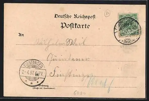 Lithographie Frankfurt, Gesamtansicht mit Mainbrücken, Strassenpartie und Dom
