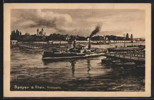 AK Speyer, Ortsansicht mit Rheinpartie, Dampfer