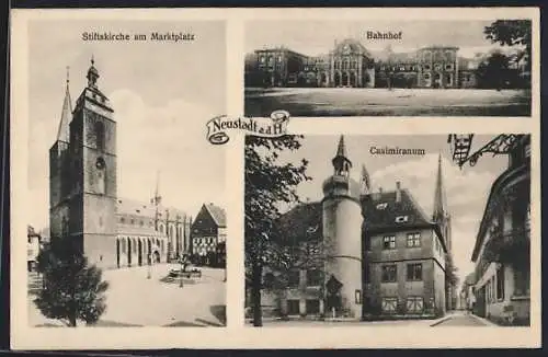 AK Neustadt / Haardt, Stiftskirche am Marktplatz, Bahnhof, Casimiranum