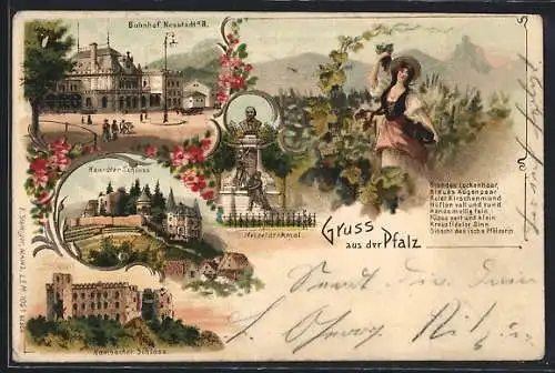 Lithographie Neustadt / Weinstrasse, Haardter-Schloss, Hambacher-Schloss, Bahnhof