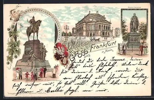 Lithographie Frankfurt /Main, Opernhaus, Goethe-Denkmal, Kaiser-Wilhelm Denkmal, Wappen