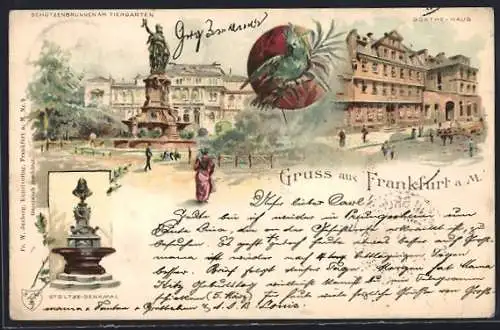Lithographie Frankfurt, Stoltze-Denkmal, Schützenbrunnen am Tiergarten, Goethe-Haus