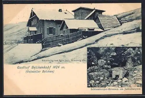 AK Gebweiler, Belchen, Gasthof Belchenkopf im Schnee, Schlumberger-Brunnen am Judenhutplan