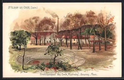 Künstler-AK sign. Louis Tauzin: St-Alban-les-Eaux, Etablissement des Eaux Minérales, Sources-Parc