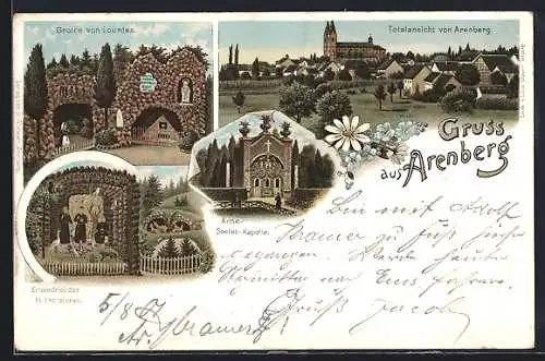 Lithographie Arenberg, Totalansicht, Arme-Seelen-Kapelle, Grotte von Lourdes