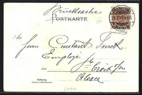 Lithographie Alt-Frankfurt, Ortspartie aus der Vogelschau, Wappen