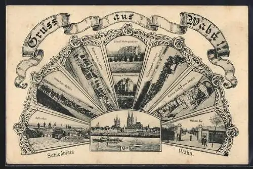Passepartout-AK Köln-Wahn, Dienst-Wohngebäude, Parademarsch Schwere Haubitzen, Panorama von Köln, Wahner Tor