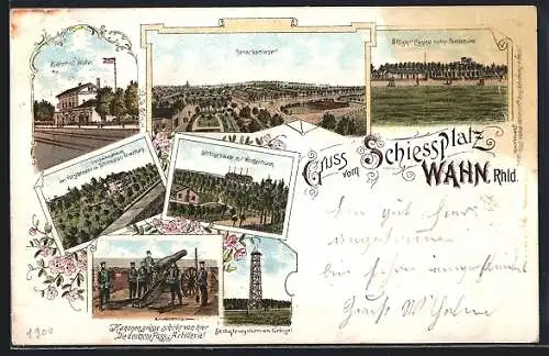 Lithographie Köln-Wahn, Bahnhof Wahn, Barackenlager u. Offizier Casino nebst Parolenhütte