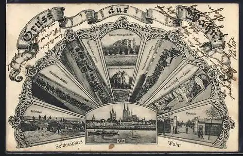 Grusskarten-AK Köln-Wahn, Schiessplatz, verschiedene Ansichten im Fächer