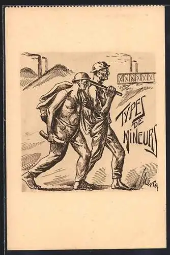Künstler-AK Types de Mineurs, zwei Bergleute auf dem Weg zur Mine