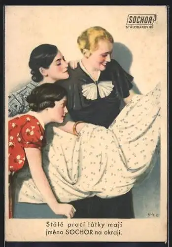 AK Damen begutachten einen Stoff, Reklame für Sochor Stálobarevné