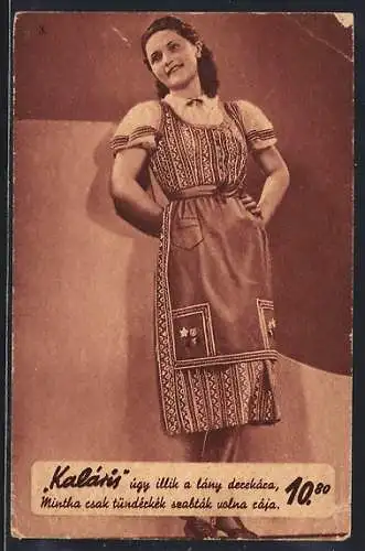 AK Reklame für Magyar Divatcsarnok, Kalaris, Frau im Kleid mit Schürze