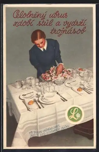 AK Celolneny ubrus zdobi stul a vydrzi trojnásob..., Essgeschirr, Werbung