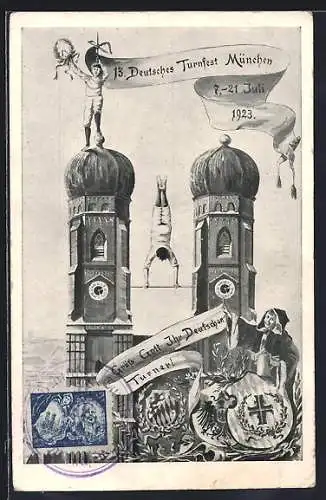 Künstler-AK München, 13. Deutsches Turnfest 1923, Sportler turnen auf der Frauenkirche
