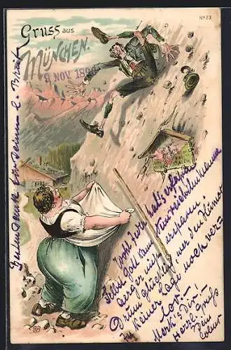 Lithographie Kräftige Sennerin fängt abstürzenden Bergsteiger auf