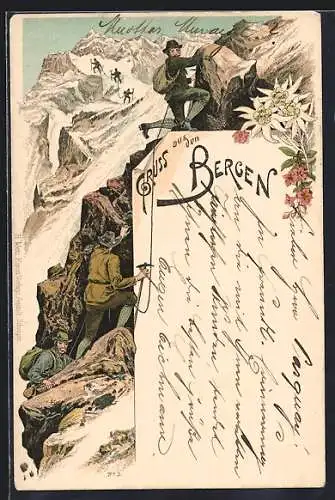 Lithographie Bergsteiger in Gipfelnähe
